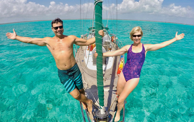 Nik and Jenn on the bow off Mayaguana, Bahamas